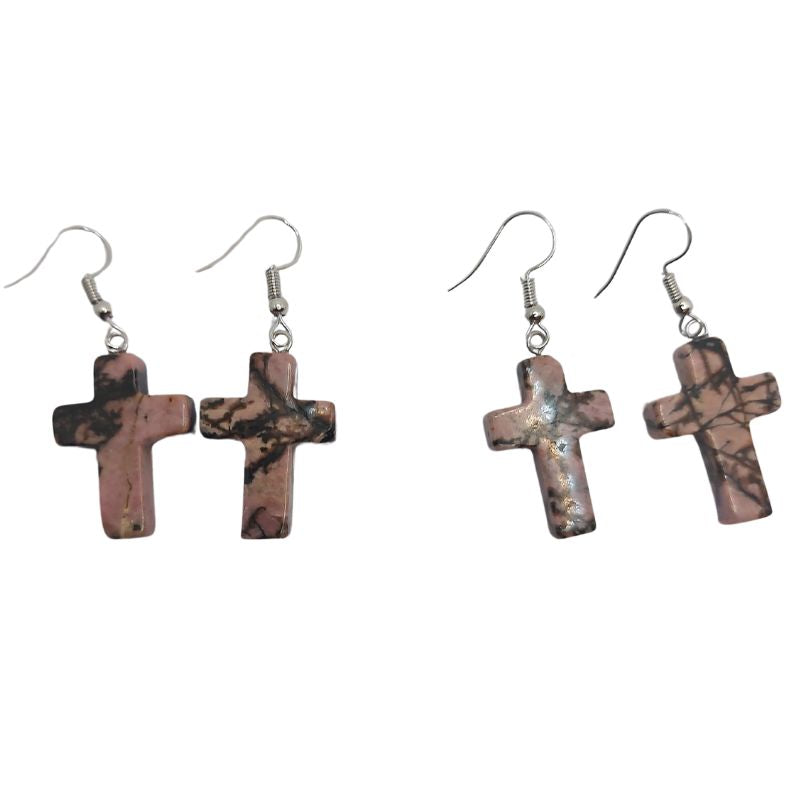 Boucles d'Oreilles en Croix - Rhodonite Naturelle