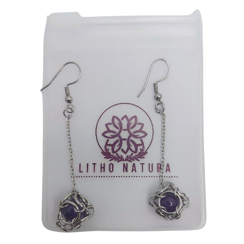 Boucles d'oreilles Pendantes Rondes en Améthyste