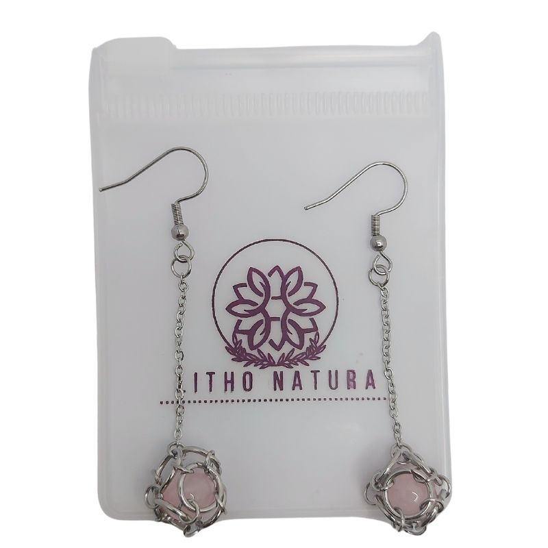 Boucles d'oreilles Pendantes Rondes en Quartz Rose