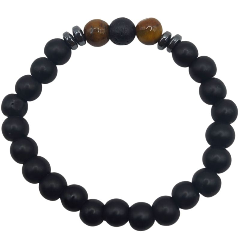 Bracelet Extensible en Pierres Naturelles - Lave Noire et Œil de Tigre - Litho Natura