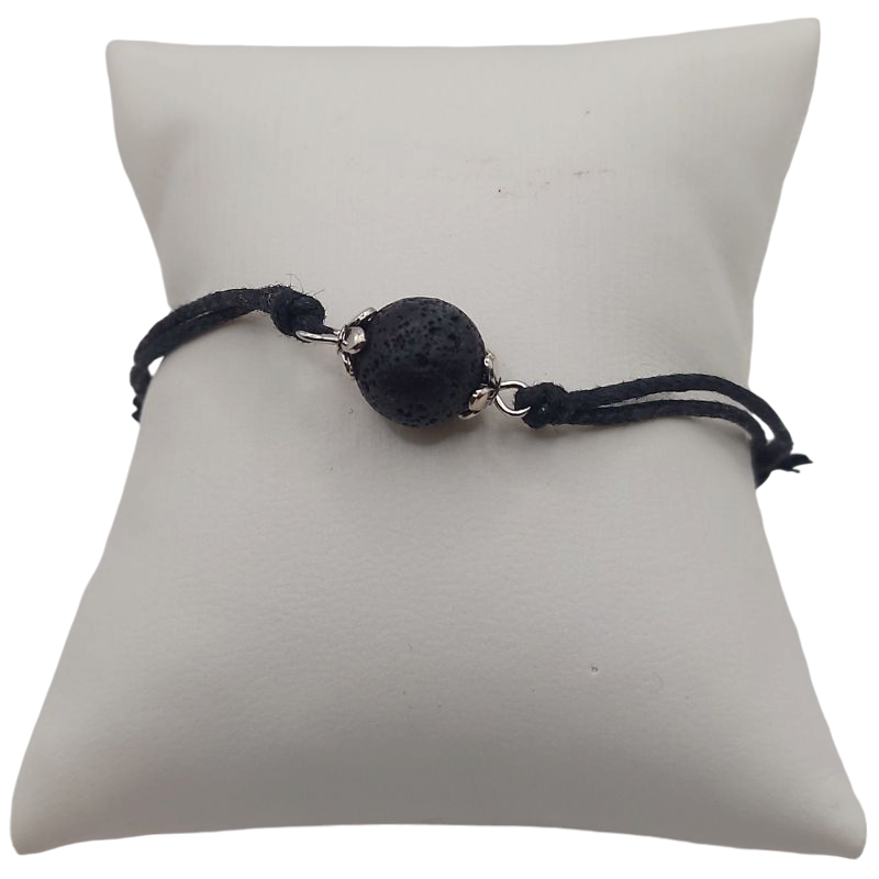 Bracelet en Corde Ajustable avec Pierre Ronde - Pierre de Lave Noire - Litho Natura