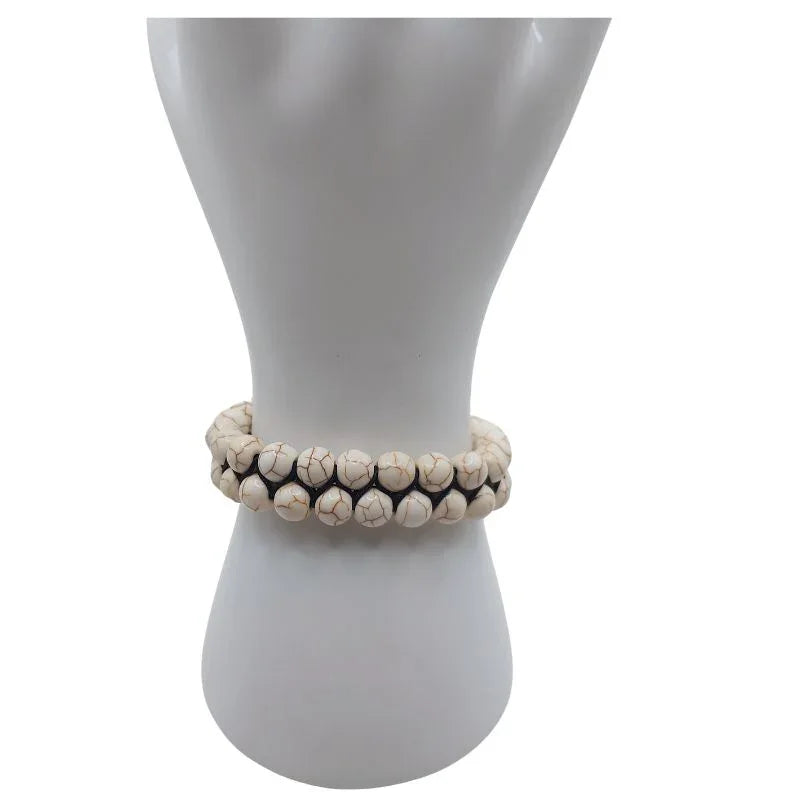 Shamballa Howlite Blanche - Bracelet Double Rang Ajustable - Litho Natura