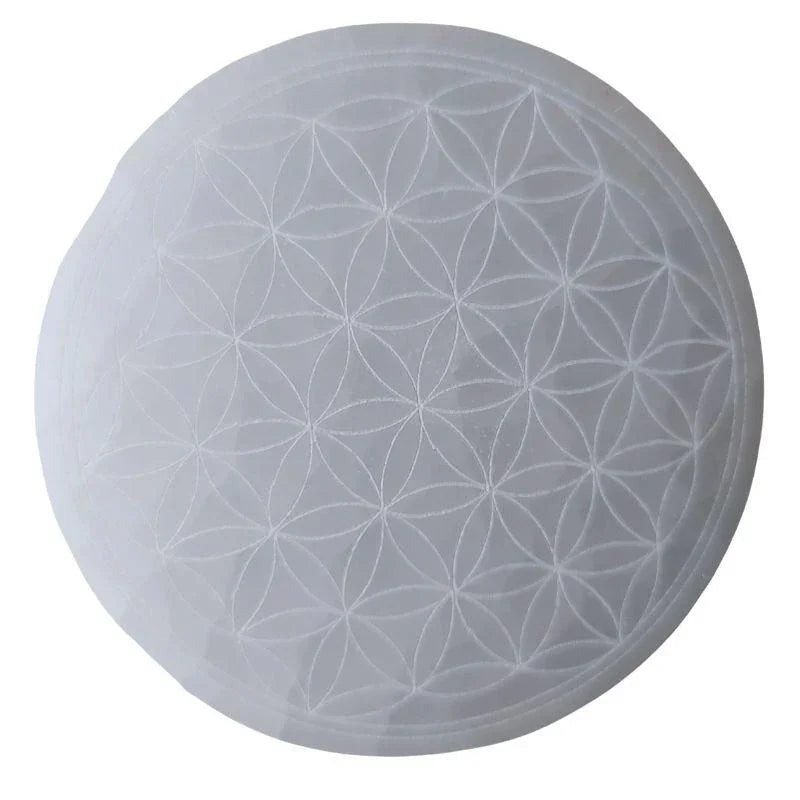 Disque de Sélénite avec Gravure Fleur de Vie - Purification et Bien-être - Litho Natura