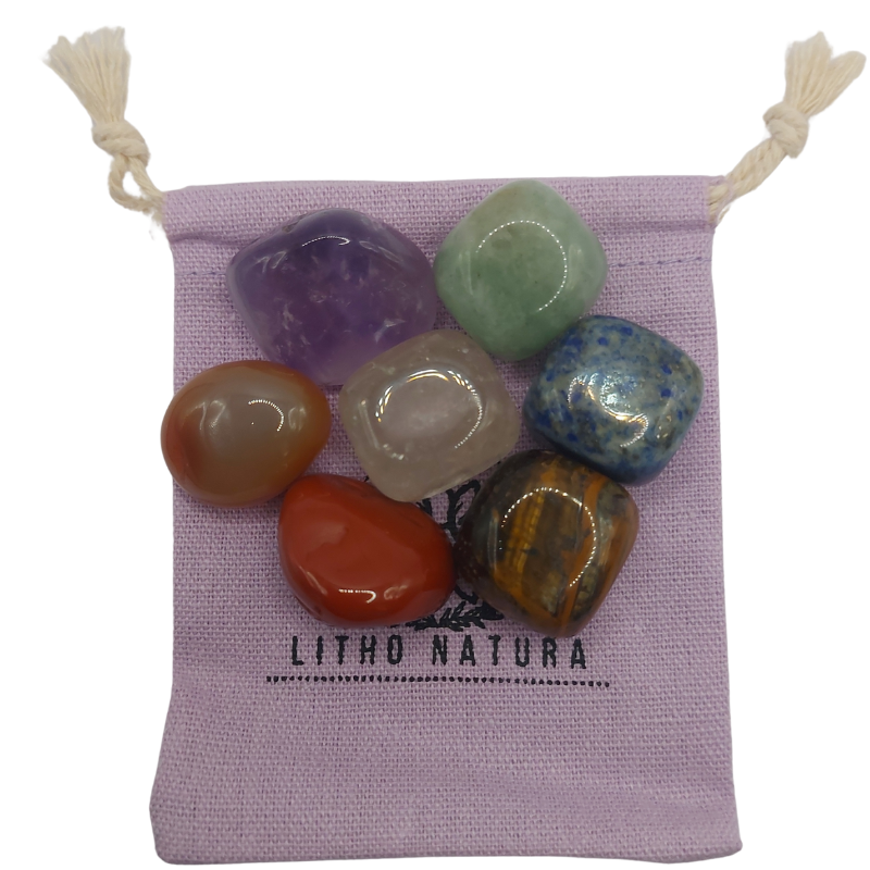 Lot de Pierres Roulées 7 Chakras avec Pendentif Porte-Pierre Offert