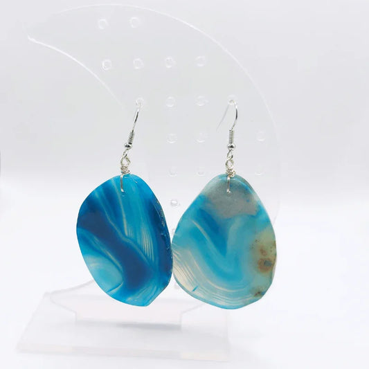 Boucles d'Oreilles en Agate Bleue - Pierre Brute pour Femmes - Litho Natura