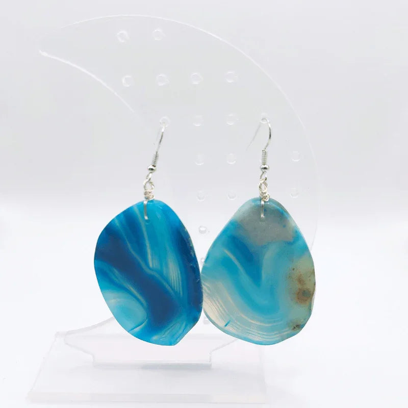 Boucles d'Oreilles en Agate Bleue - Pierre Brute pour Femmes - Litho Natura