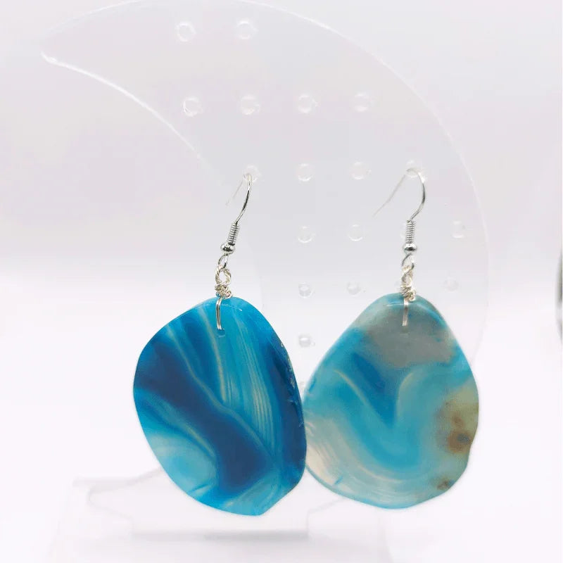 Boucles d'Oreilles en Agate Bleue - Pierre Brute pour Femmes - Litho Natura