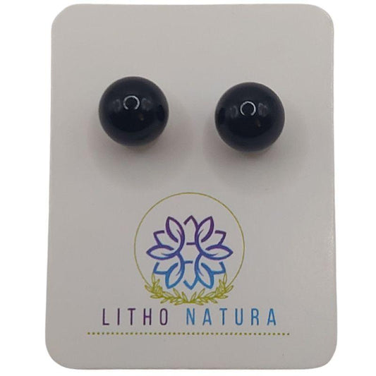 Boucles d'Oreilles Ronde en Perle de Pierre Naturelle - Obsidienne Noire - Litho Natura