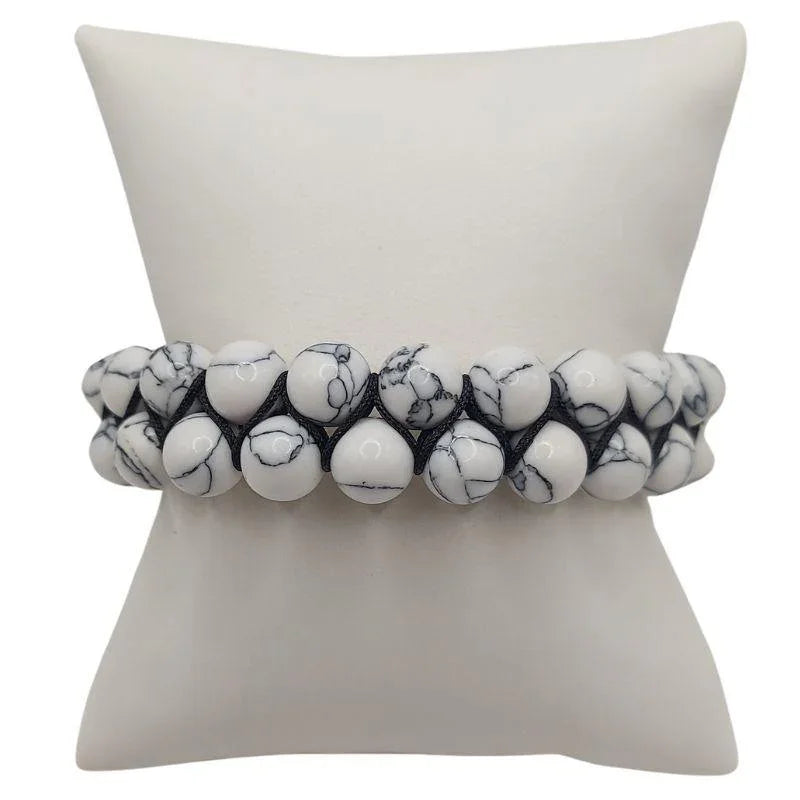 Shamballa Howlite Blanche - Bracelet Double Rang Ajustable - Litho Natura