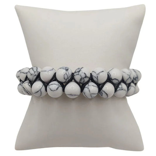 Shamballa Howlite Blanche - Bracelet Double Rang Ajustable - Litho Natura