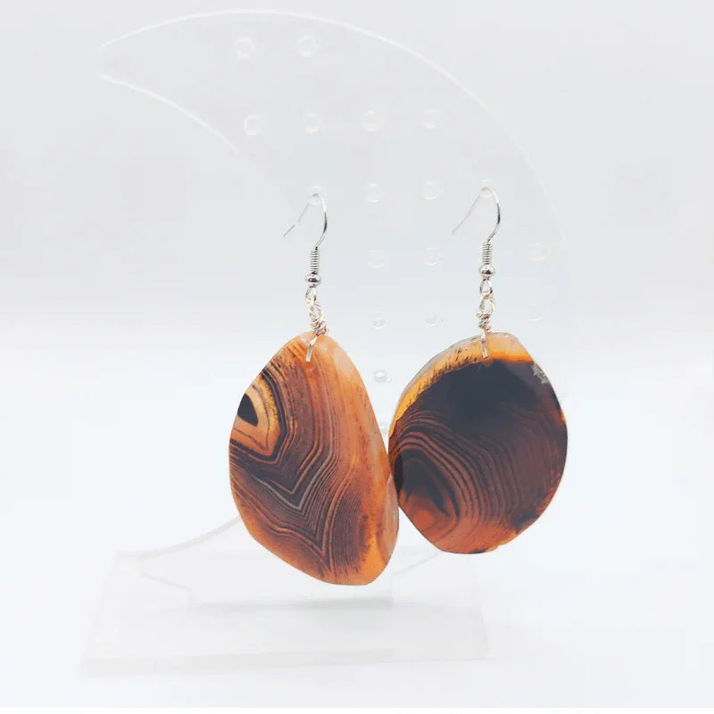 Boucles d'Oreilles Agate Marron - Pierre Brute pour Femmes - Litho Natura