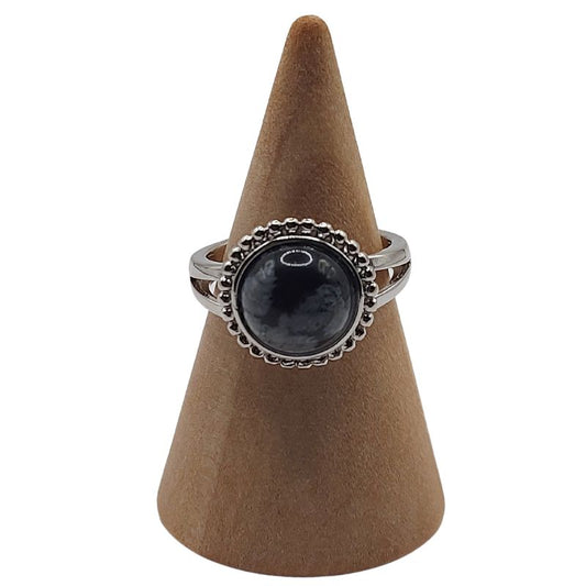 Bague Ronde Ajustable - Obsidienne Flocon de Neige