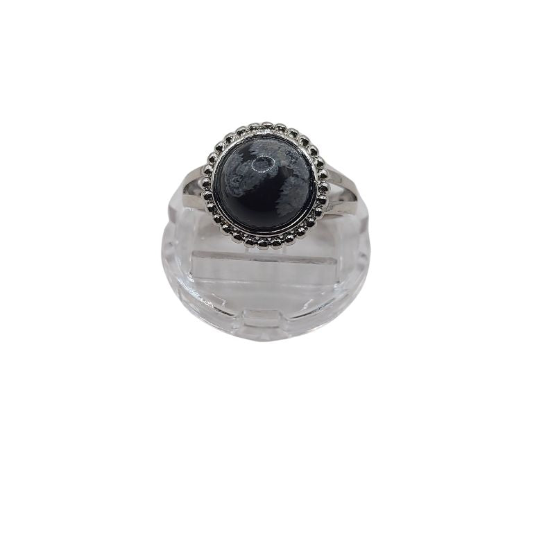 Bague Ronde Ajustable - Obsidienne Flocon de Neige