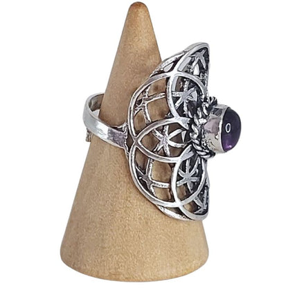 Bague graine de vie couleur argent améthyste
