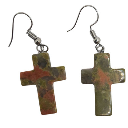 Boucles d'Oreilles en Croix - Unakite Naturelle