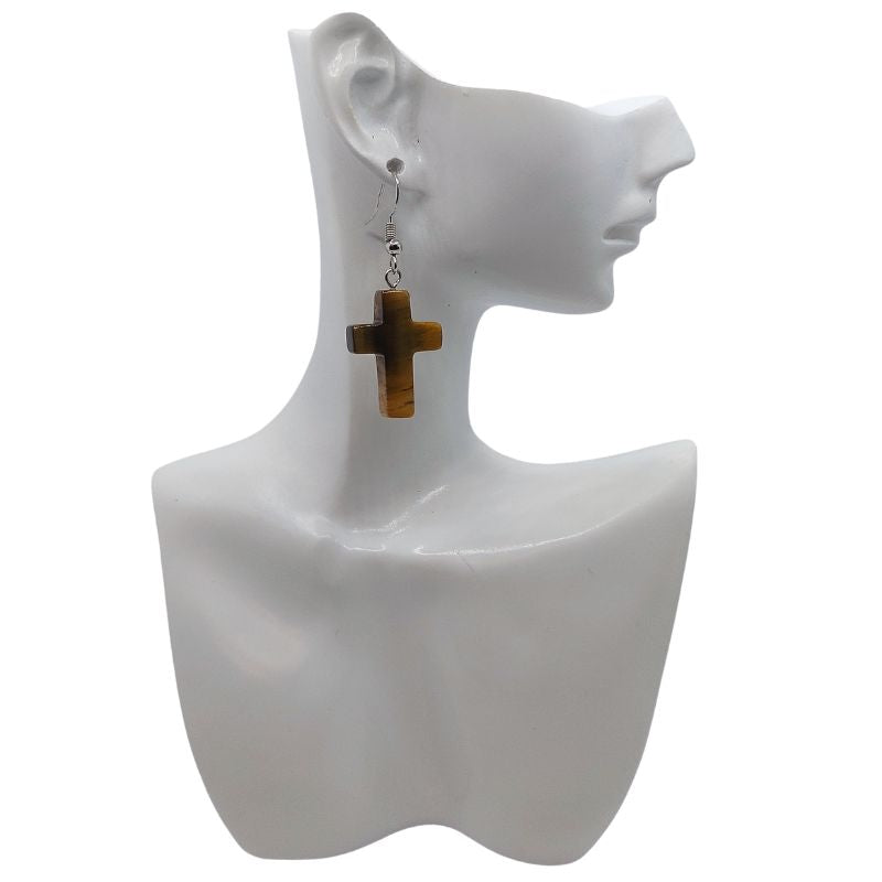 Boucles d'Oreilles en Croix - Oeil de Tigre Naturelle