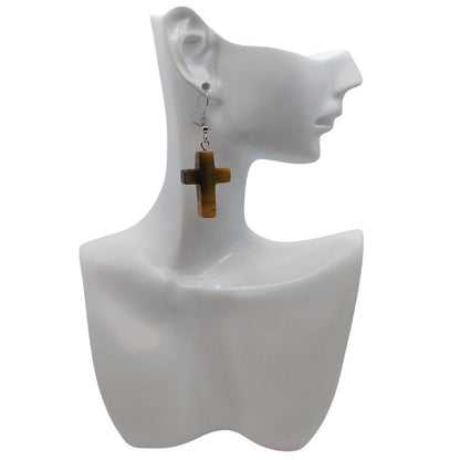 Boucles d'Oreilles en Croix - Oeil de Tigre Naturelle