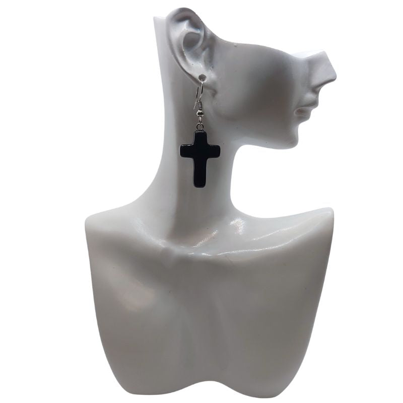 Boucles d'Oreilles en Croix - Onyx Noir Naturel