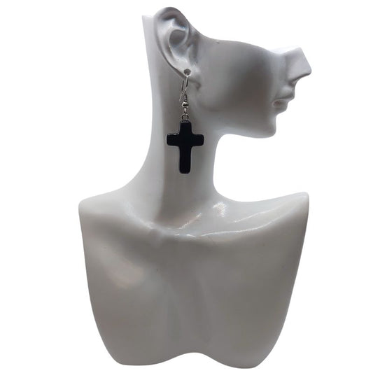 Boucles d'Oreilles en Croix - Onyx Noir Naturel