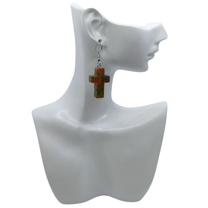 Boucles d'Oreilles en Croix - Unakite Naturelle