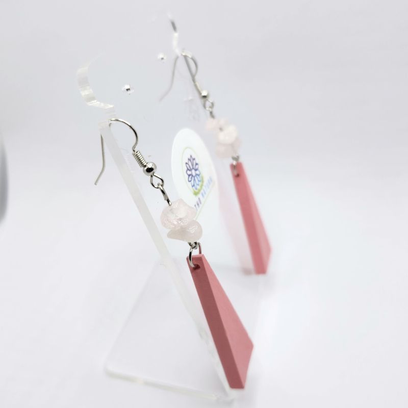 Boucles d’Oreilles en Bois de Poirier - Quartz Rose