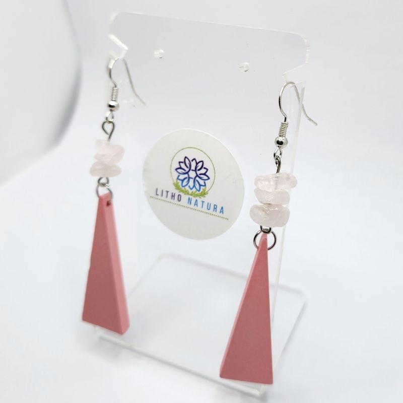 Boucles d’Oreilles en Bois de Poirier - Quartz Rose