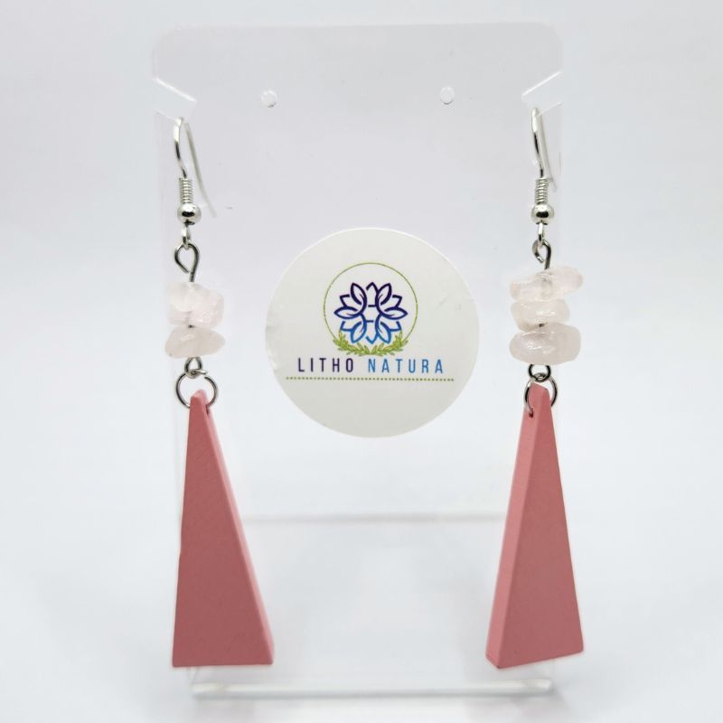 Boucles d’Oreilles en Bois de Poirier - Quartz Rose