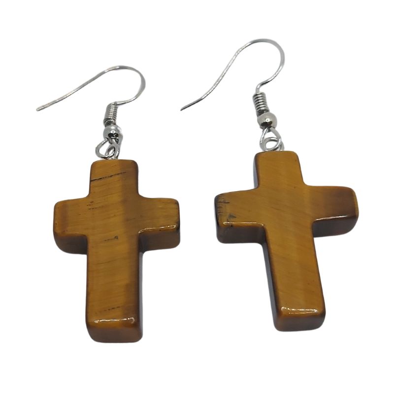 Boucles d'Oreilles en Croix - Oeil de Tigre Naturelle