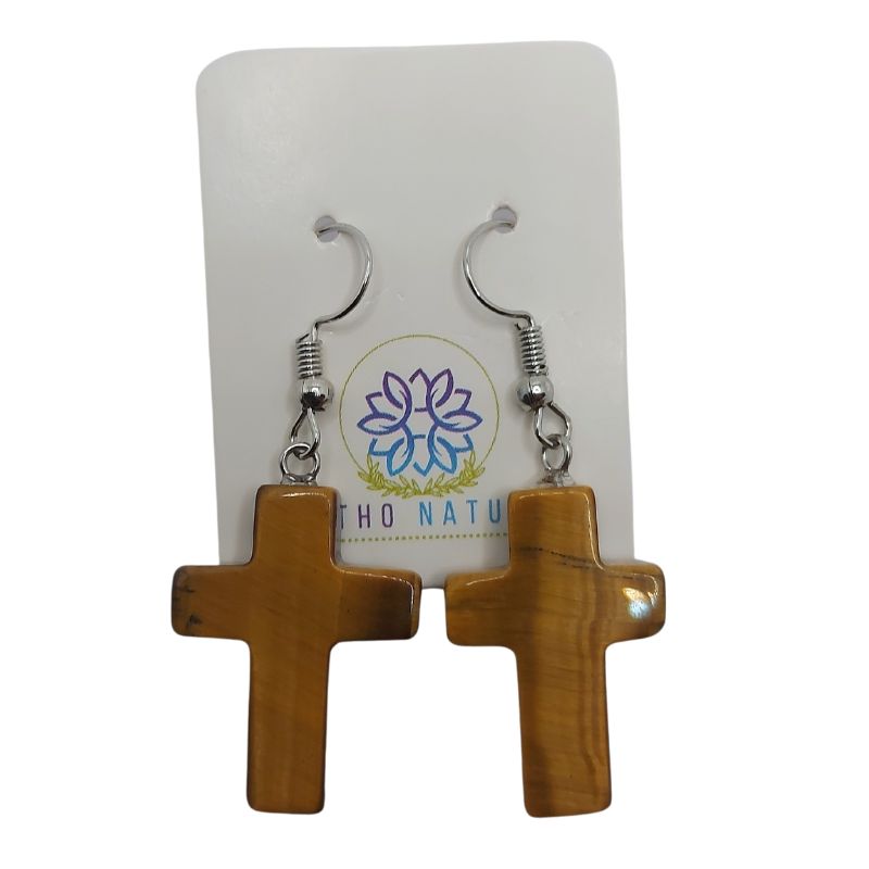 Boucles d'Oreilles en Croix - Oeil de Tigre Naturelle