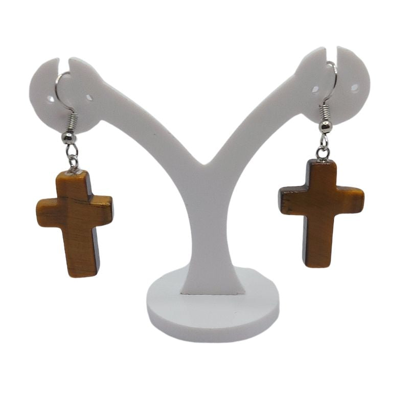 Boucles d'Oreilles en Croix - Oeil de Tigre Naturelle