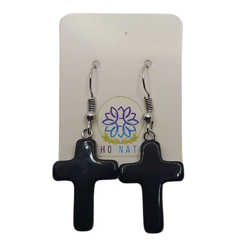 Boucles d'Oreilles en Croix - Onyx Noir Naturel