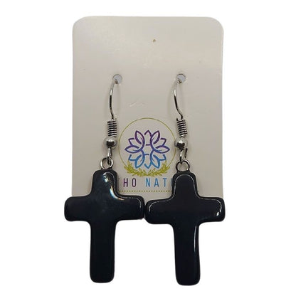 Boucles d'Oreilles en Croix - Onyx Noir Naturel