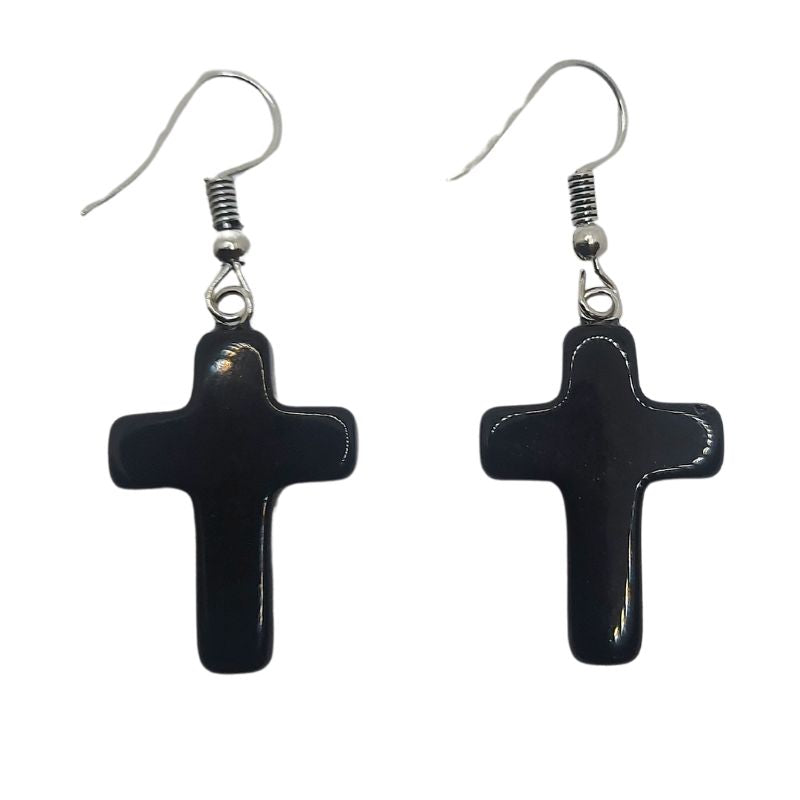 Boucles d'Oreilles en Croix - Onyx Noir Naturel