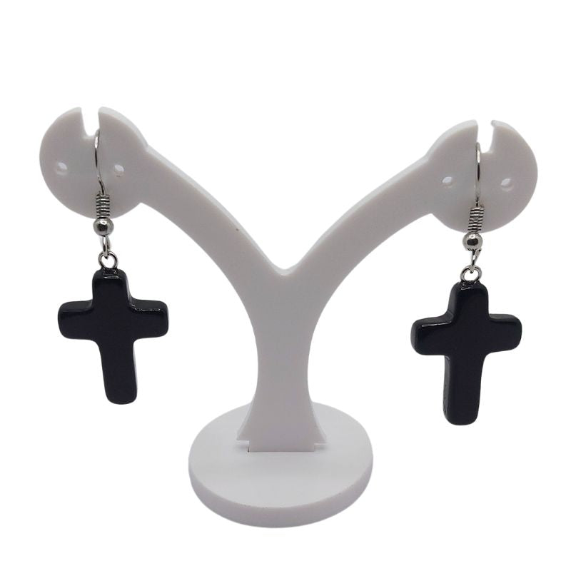 Boucles d'Oreilles en Croix - Onyx Noir Naturel