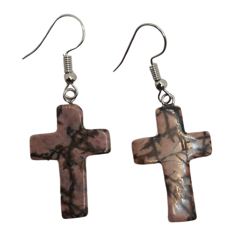 Boucles d'Oreilles en Croix - Rhodonite Naturelle