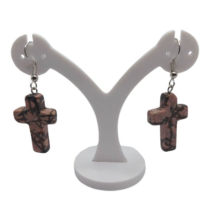 Boucles d'Oreilles en Croix - Rhodonite Naturelle