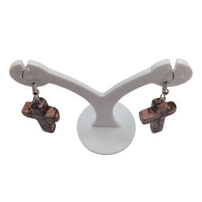Boucles d'Oreilles en Croix - Rhodonite Naturelle
