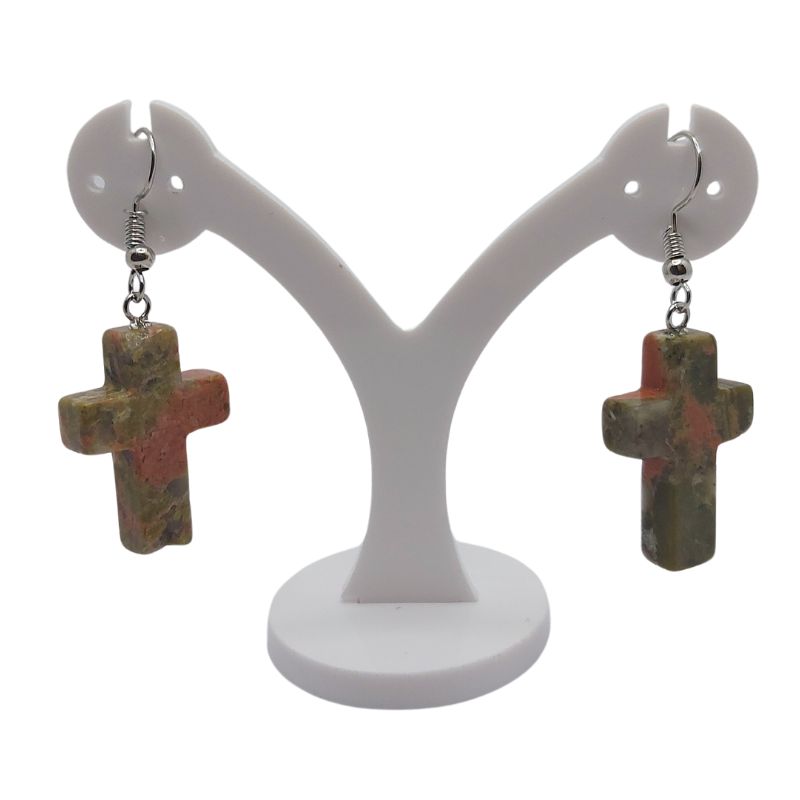 Boucles d'Oreilles en Croix - Unakite Naturelle