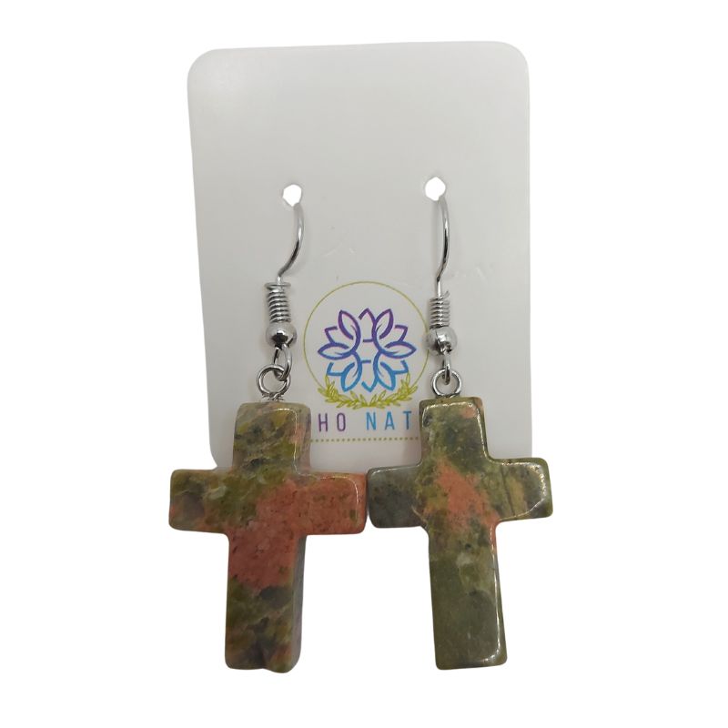 Boucles d'Oreilles en Croix - Unakite Naturelle