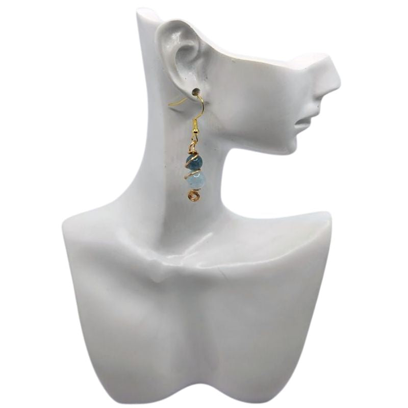 Boucles d'Oreilles en Jade bleu et Aigue-marine Naturelle - Plaqué Or