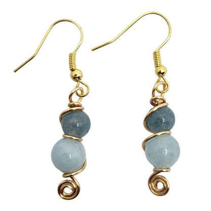 Boucles d'Oreilles en Jade bleu et Aigue-marine Naturelle - Plaqué Or