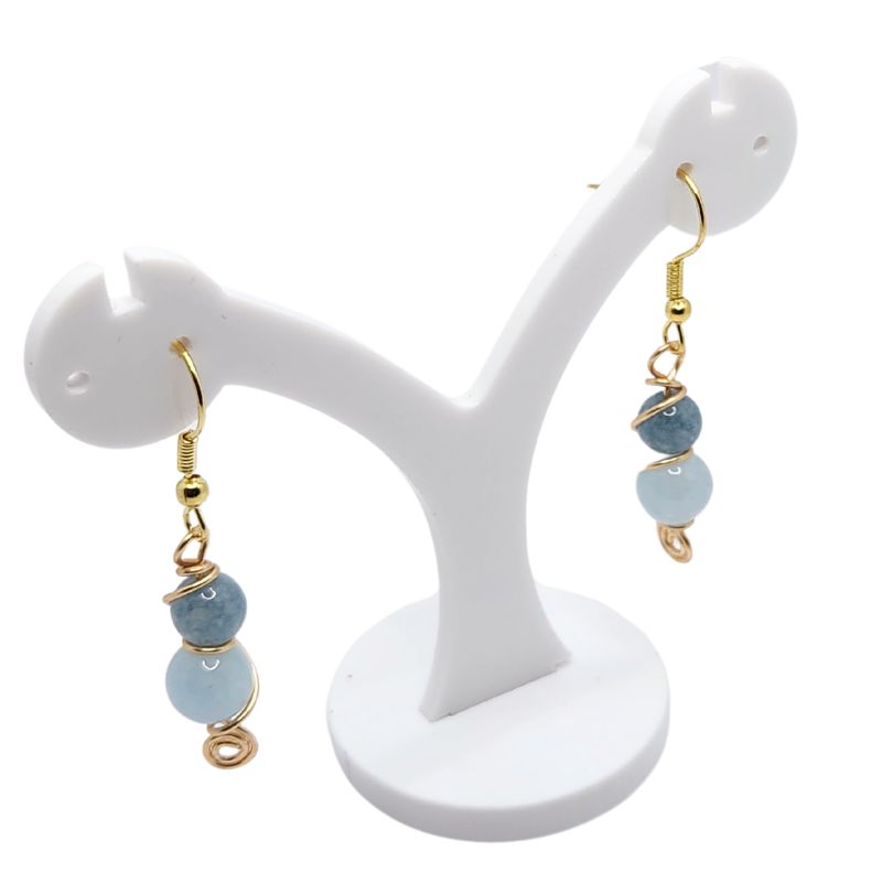 Boucles d'Oreilles en Jade bleu et Aigue-marine Naturelle - Plaqué Or