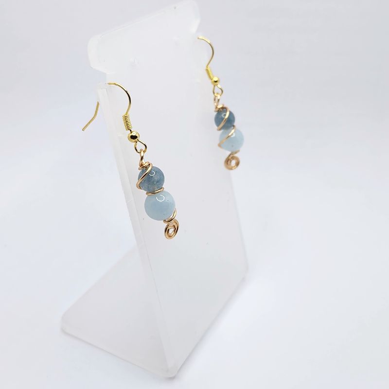 Boucles d'Oreilles en Jade bleu et Aigue-marine Naturelle - Plaqué Or