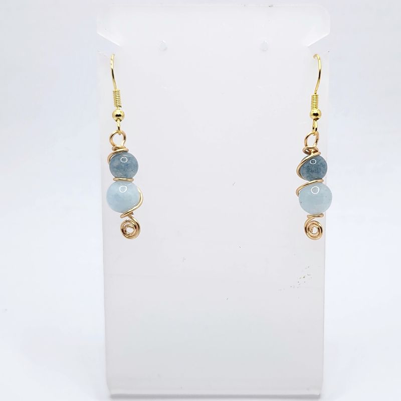 Boucles d'Oreilles en Jade bleu et Aigue-marine Naturelle - Plaqué Or