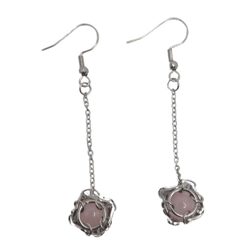 Boucles d'oreilles Pendantes Rondes en Quartz Rose