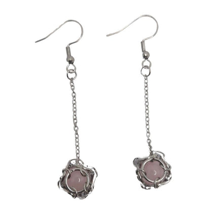 Boucles d'oreilles Pendantes Rondes en Quartz Rose