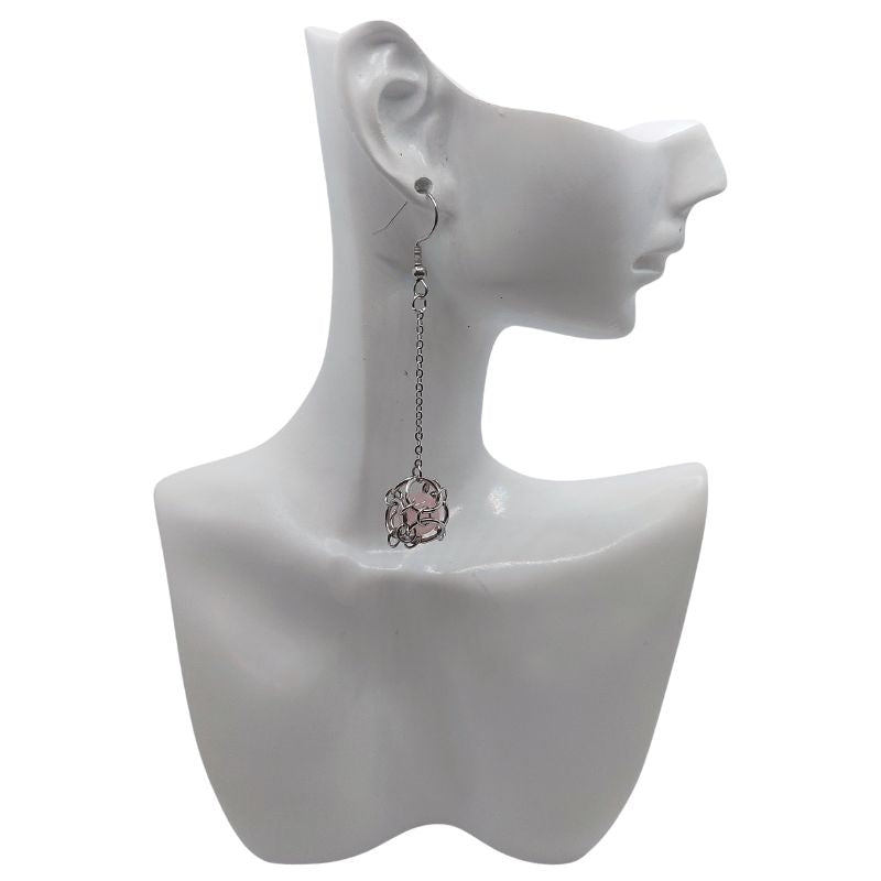Boucles d'oreilles Pendantes Rondes en Quartz Rose