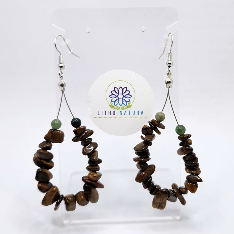 Boucles d'oreilles en Oeil de Tigre - Laiton Plaqué Platine