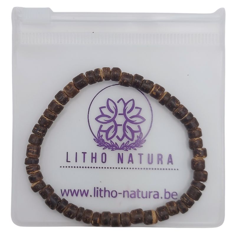 Bracelet Extensible en Bois de Noix de Coco Naturelle - Brun Foncé - Litho Natura