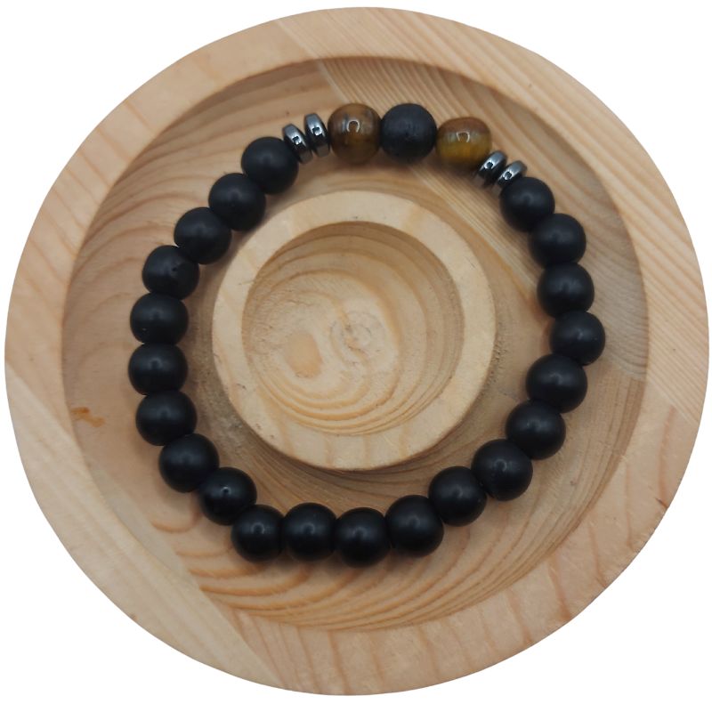 Bracelet Extensible en Pierres Naturelles - Lave Noire et Œil de Tigre - Litho Natura